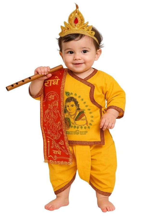V3E Standard Boys and Girls Dhoti Kurta Krishna Kids Costume Ethnic Wear Dress (Pack of 5 - Kurta, Dhoti, Bansuri, Mor Pankh Mukut, Bandhni Patka)(Yellow, 6-12 months) - Image 1