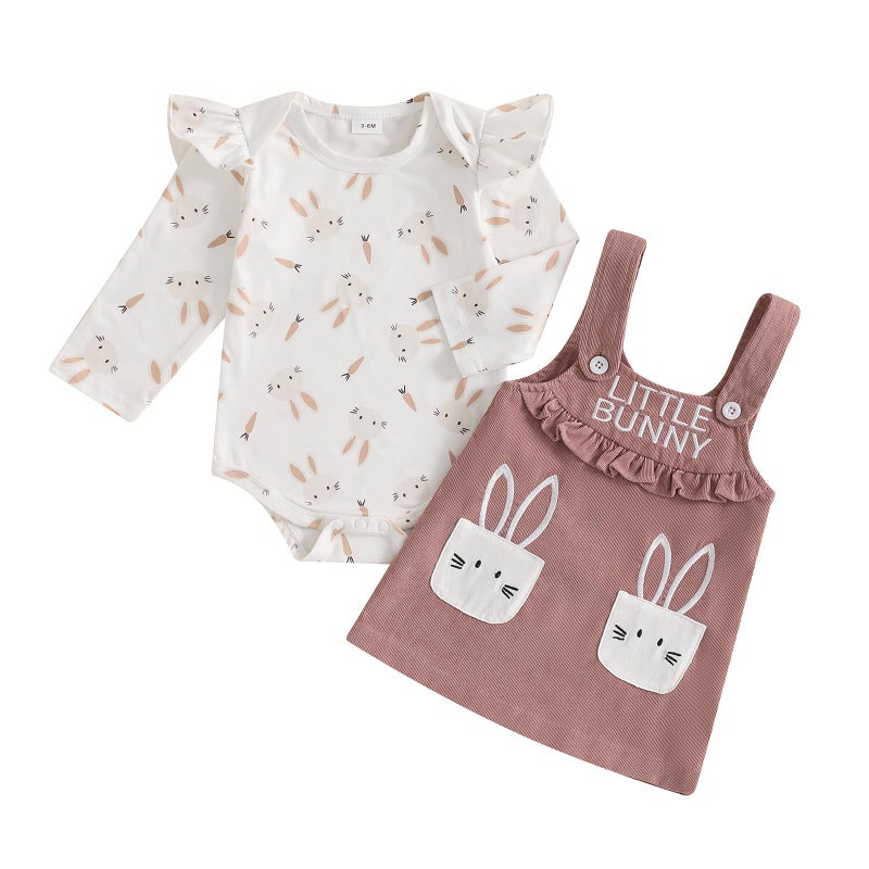 Bonangber Baby Girl Easter Outfit Bunny Ruffle Long Sleeve Romper Bodysuit Overall Dress Cute My First Easter Baby Girl Outfit(A-Pink Bunny,0-3 Months) - Image 1