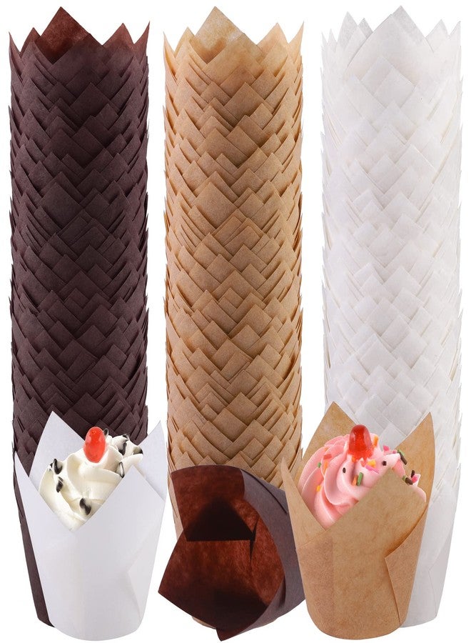 Aodaer 240 Pieces Mini Tulip Baking Cups Muffin Liners Cupcake Cases Baking Cup Holders for Wedding, Birthday, Baby Shower, Brown, Natural, White - Image 1