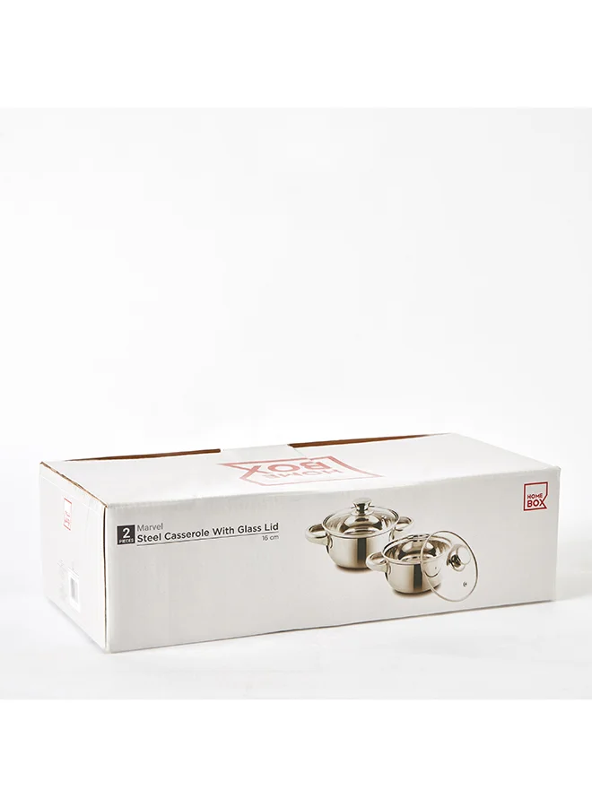 Home Box Marvel 2-Piece Stainless Steel Casserole with Glass Lid Set 2 L