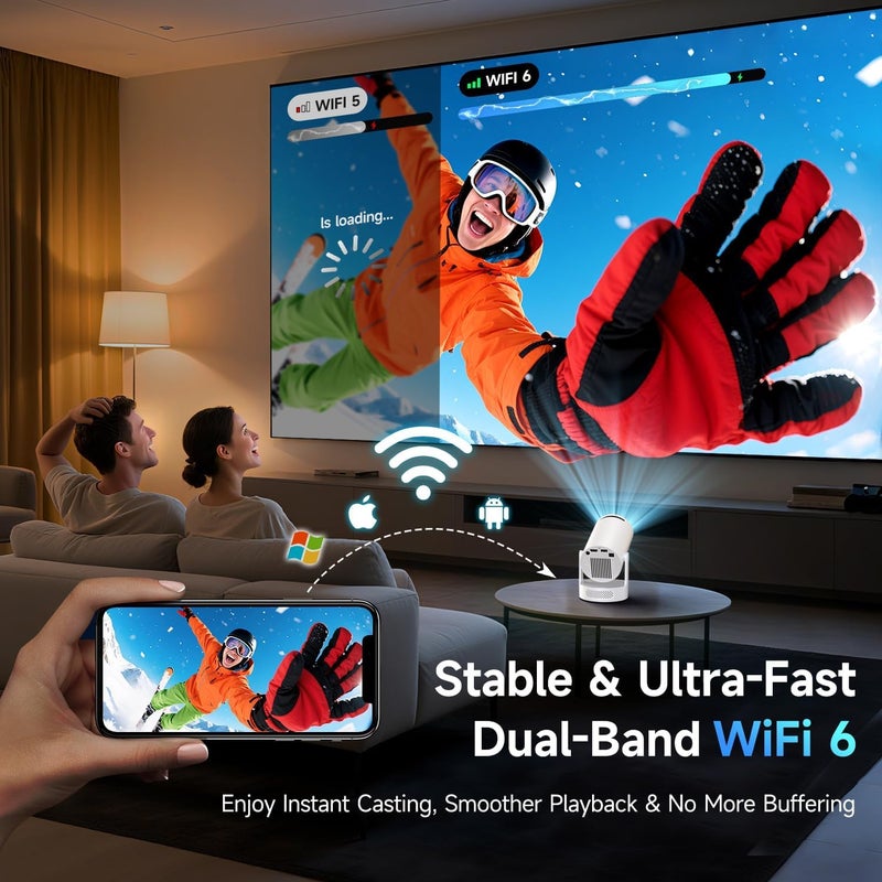 اوٹل مشروعor صغير من نوع HY300 Ultra بدقة 4K مزود بتطبيقات مدمجة، مشروعors محمولة ذكية تدعم تقنيات الواي فاي 6 والبلوتوث 5.4، مع مكبر صوت بقوة 5 واط، ودرجة سطوع تصل إلى 160 ANSI، ويدعم تقنية تصحيح الانحراف الأوتوماتيكي للصورة (Auto Keystone)، ومتوافق مع منافذ HDMI/USB/أجهزة التحكم التلفزيونية/الهواتف/أجهزة الكمبيوتر المحمولة. - Image 5