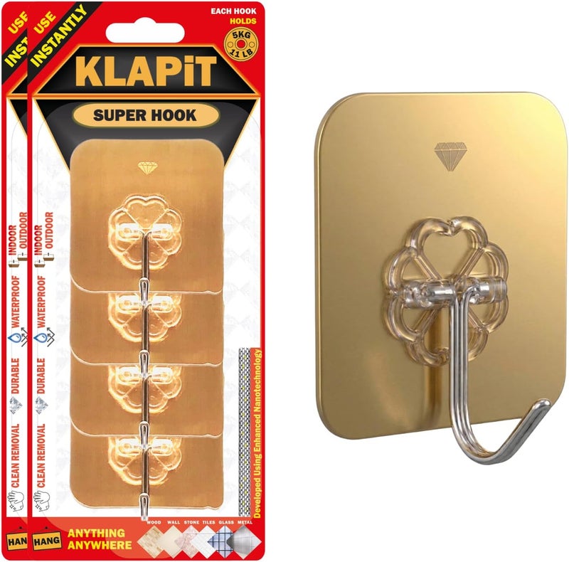 KLAPiT Cost effective global grade quality SUPER HOOK Heavy Duty Adhesive Gold Hook, Holds 11 pounds or 5Kg Weight, Waterproof and Damage Free for Wall, Tile, Wood, Stone, Glass, Metal, Made of Steel (Gold, 8 pc) General purpose design - Image 1