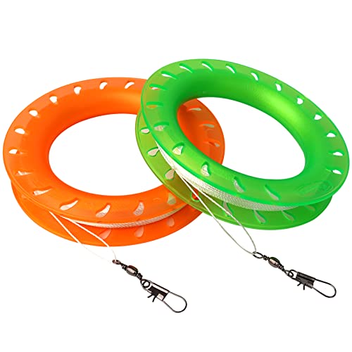 Kaiciuss Kite String Hoop for Kids Orange Green Kite Spool Set String Reel Handle with 300 Feet Line for Each Reel Winder 2 Pack - Image 1