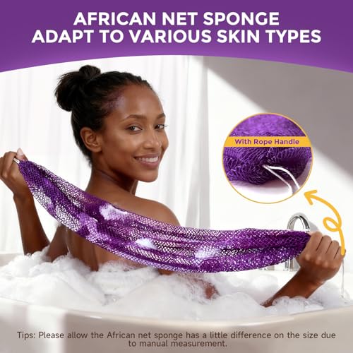 Glochin 2 Pieces African Net Sponge Authentic, Durable Back Scrubber Washcloth for Shower, Exfoliating Net Sponge for All Skin, Bathing Accessories for Women (2 Pack (Pink and Purple)) - Image 2