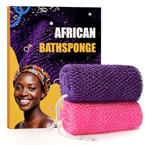 Glochin 2 Pieces African Net Sponge Authentic, Durable Back Scrubber Washcloth for Shower, Exfoliating Net Sponge for All Skin, Bathing Accessories for Women (2 Pack (Pink and Purple)) - Image 1