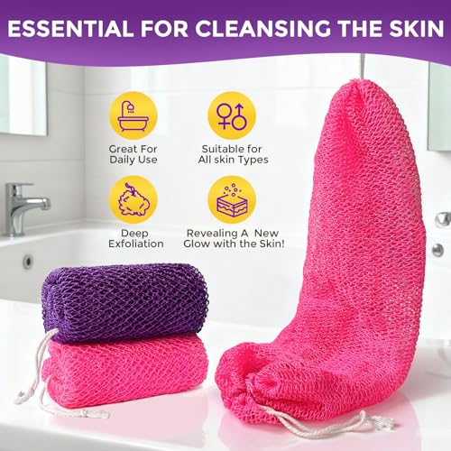 Glochin 2 Pieces African Net Sponge Authentic, Durable Back Scrubber Washcloth for Shower, Exfoliating Net Sponge for All Skin, Bathing Accessories for Women (2 Pack (Pink and Purple)) - Image 5