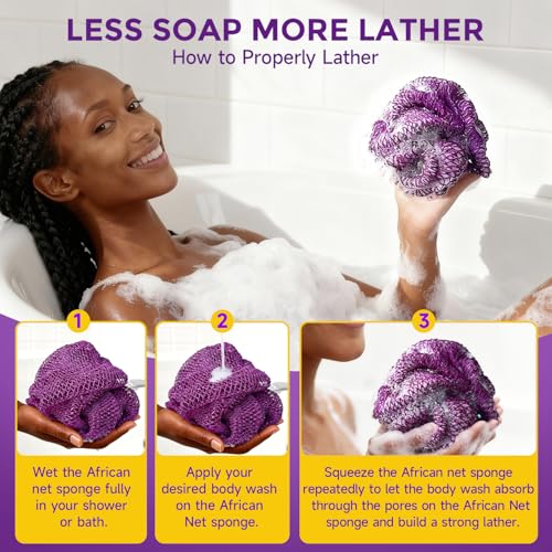 Glochin 2 Pieces African Net Sponge Authentic, Durable Back Scrubber Washcloth for Shower, Exfoliating Net Sponge for All Skin, Bathing Accessories for Women (2 Pack (Pink and Purple)) - Image 4