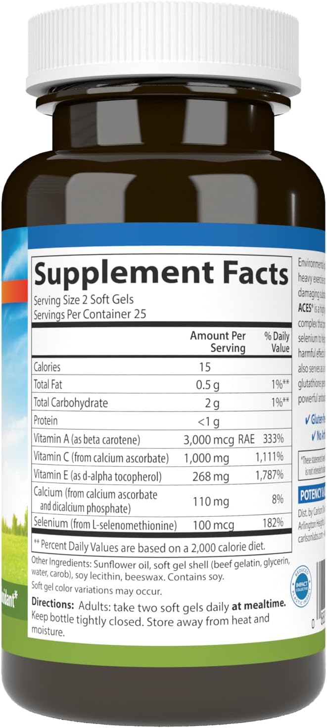 Carlson فيتامينات كارلسون A C E سيلينيوم لصحة الخلايا دعم المناعة مضاد أكسدة 50 كبسولة لينة - Image 2