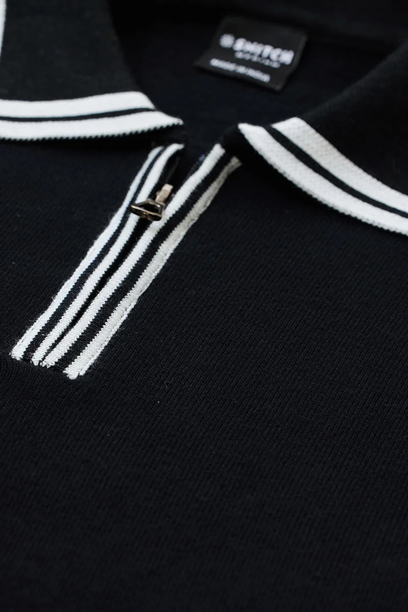 SNITCH Slim Fit Cotton Black Flat Knit Polo T-Shirt