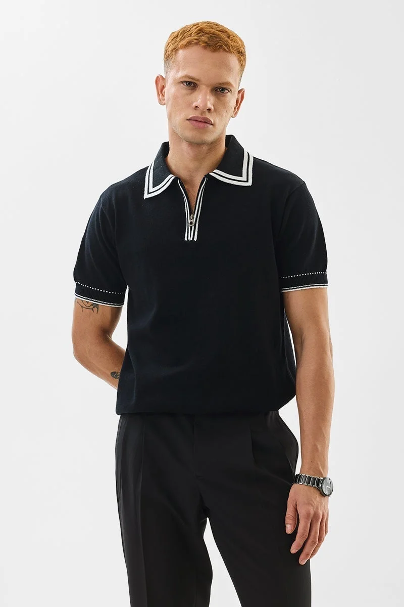 SNITCH Slim Fit Cotton Black Flat Knit Polo T-Shirt