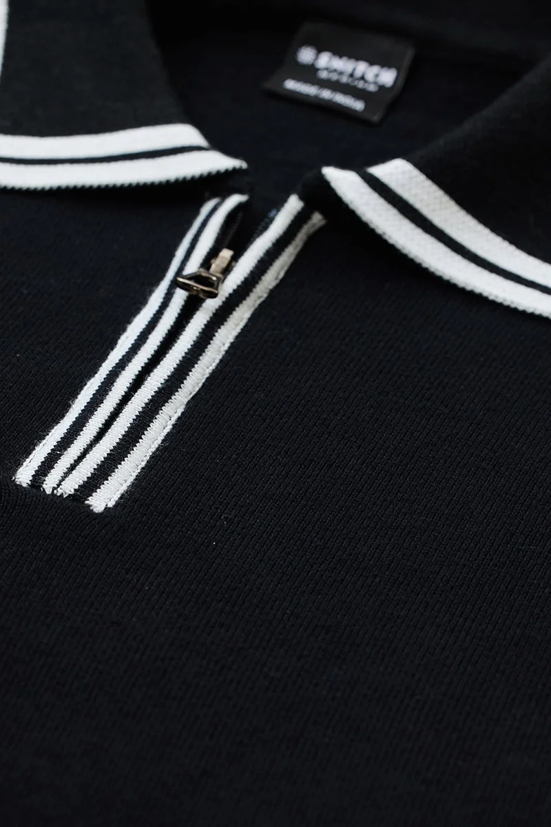 SNITCH Slim Fit Cotton Black Flat Knit Polo T-Shirt