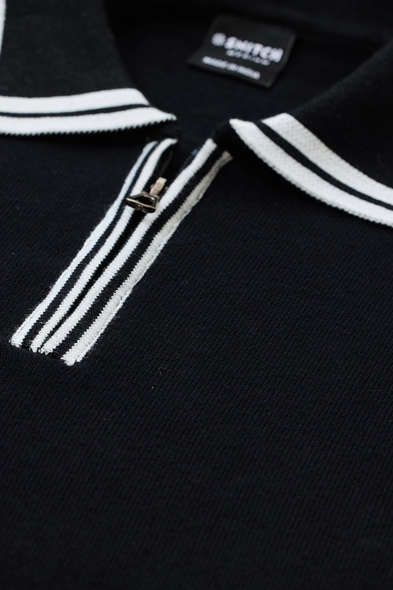 سنيتش تيشيرت بولو قطن أسود بقصة ضيقة محبوك مسطح - Image 2