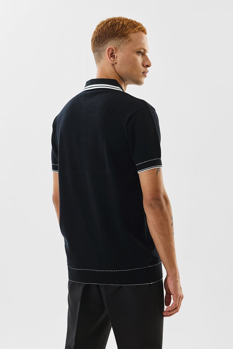 سنيتش تيشيرت بولو قطن أسود بقصة ضيقة محبوك مسطح - Image 5