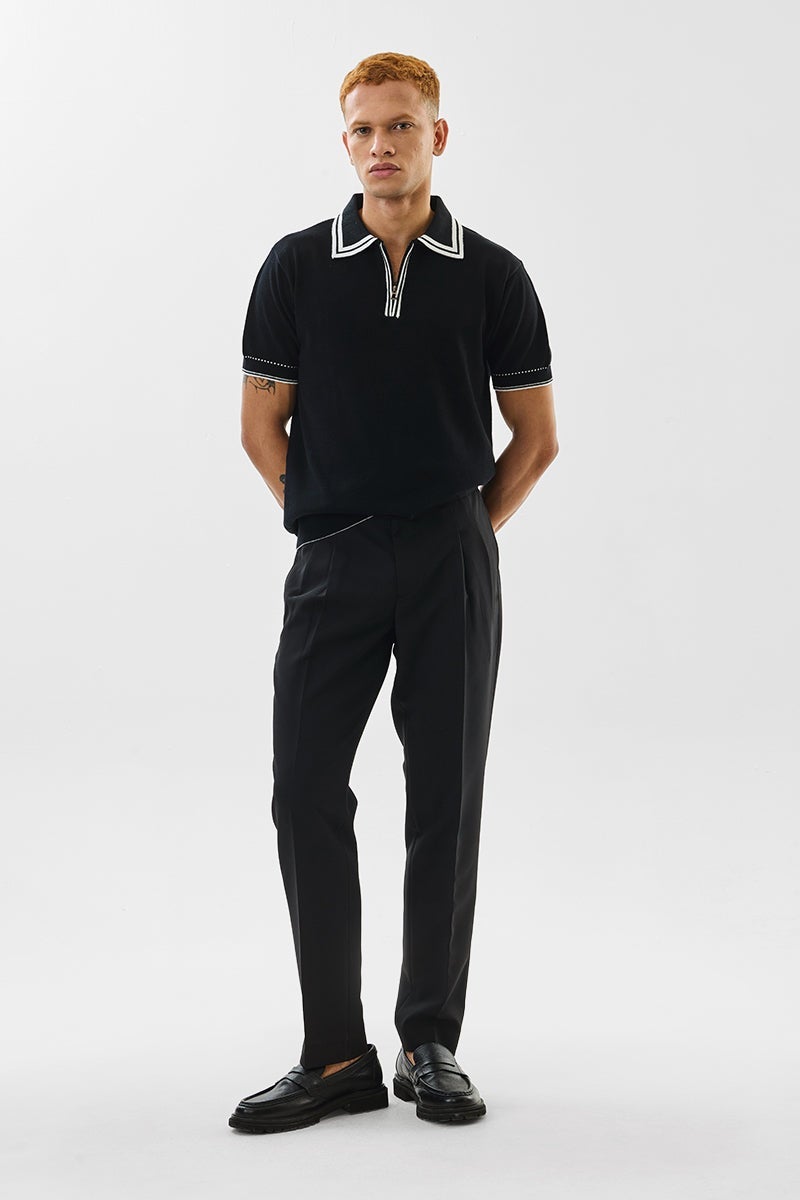 سنيتش تيشيرت بولو قطن أسود بقصة ضيقة محبوك مسطح - Image 3