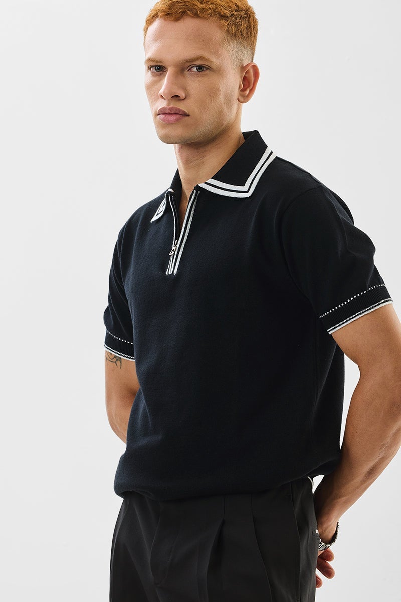 سنيتش تيشيرت بولو قطن أسود بقصة ضيقة محبوك مسطح - Image 4