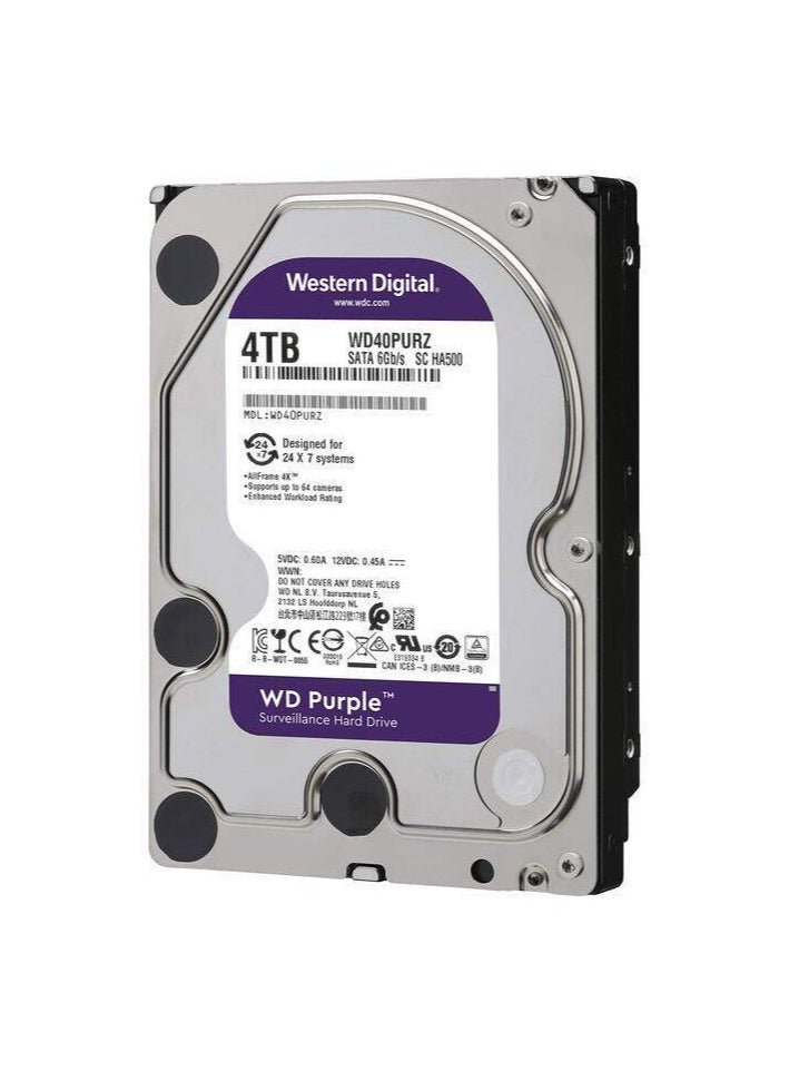 Western Digital WD 4TB 3.5-inch SATA Purple hard drive for surveillance systems delivers reliable performance for storing continuous data from surveillance cameras with high transfer speeds and long-lasting reliability. 