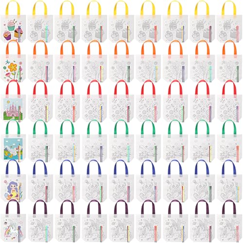Vincreem 54 Pcs Coloring Goodie Bags with 60 Pcs Colorful Markers Non Woven Color Your Own Reusable Party Favor Bags for Christmas Classroom DIY Crafts Supplies 6 Styles - Image 1