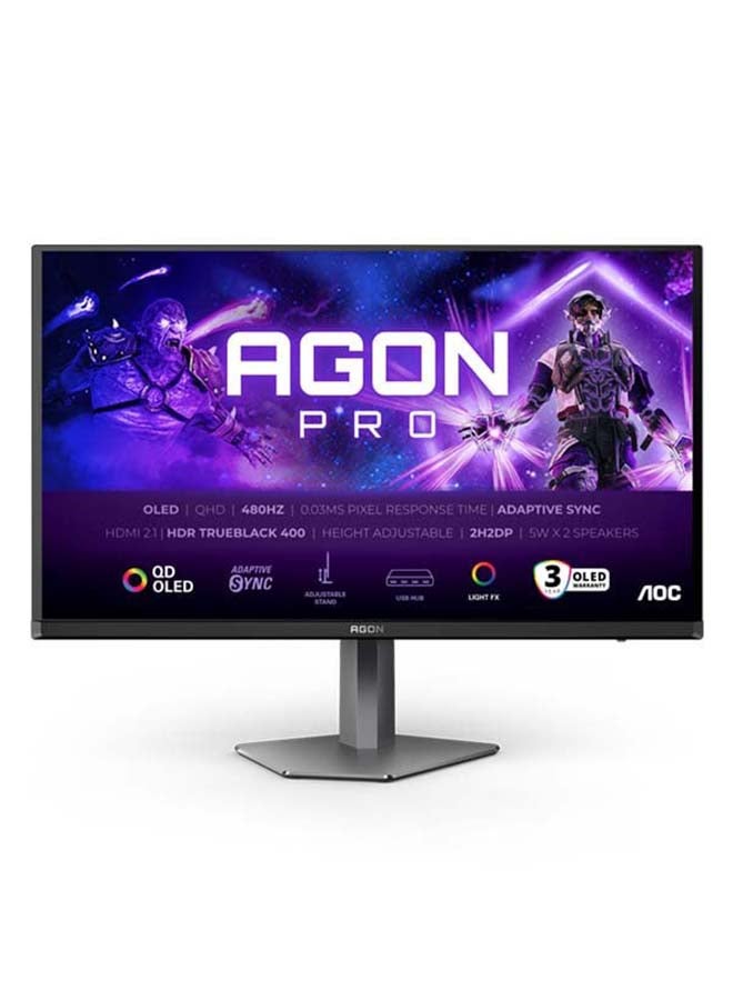 اي او سي AG276QKD، شاشة ألعاب OLED بحجم 27 بوصة، دقة كواد HD 2560×1440، 480 هرتز، 0.03 مللي ثانية GTG، HDR TrueBlack400، HDMI 2.1، Display Port 1.4، محور USB، مزامنة متكيفة، قاعدة قابلة للتعديل في الارتفاع، دوران، ميل - Image 1