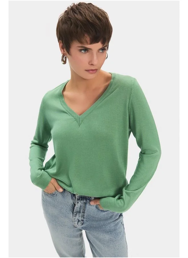 جون June Women Exclusive V Neck Viscose Blend Knitwear Sweater Light Green