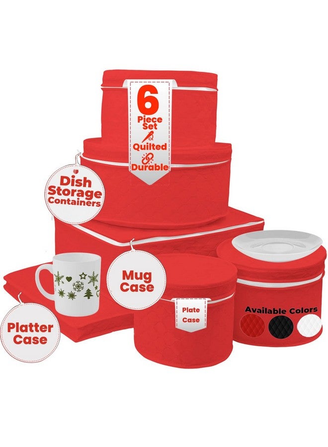LAMINET 6 Piece Quilted Dinnerware Storage Starter Set - Includes 4 Plate Cases, 1 Cup Case & Platter Case - RED - Image 1