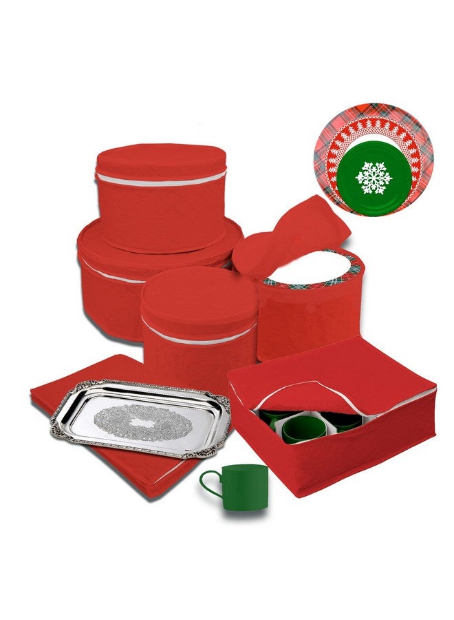 LAMINET 6 Piece Quilted Dinnerware Storage Starter Set - Includes 4 Plate Cases, 1 Cup Case & Platter Case - RED - Image 2
