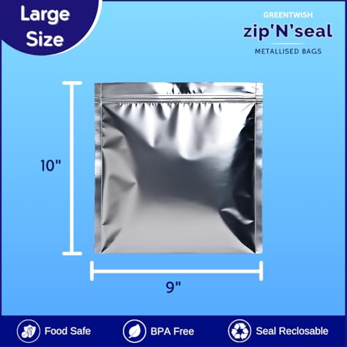 GREENTWISH Zip 'N' Seal Metallised Silver Zip Lock Bags, Reusable Sandwich and Food Storage Bag, Airtight Foil Pouch with Zipper, Freezer Safe, Polyethylene | Size: Large (9x10 Inch) | 15 Bags - Image 2