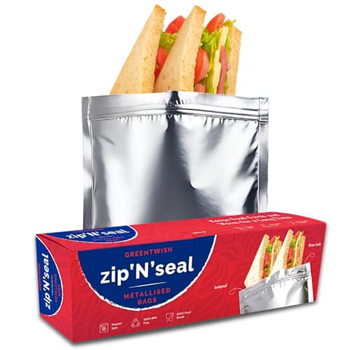 GREENTWISH Zip 'N' Seal Metallised Silver Zip Lock Bags, Reusable Sandwich and Food Storage Bag, Airtight Foil Pouch with Zipper, Freezer Safe, Polyethylene | Size: Large (9x10 Inch) | 15 Bags - Image 1