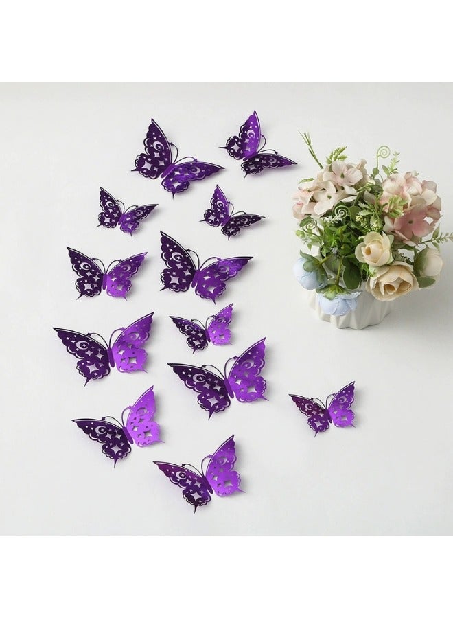 Elegant 3D Purple Butterfly Wall Decor – 12 Pcs, 3 Sizes, Celestial Hollow-Out Design, Easy to Stick & Remove – Enchanting DIY Wall Decoration for Home, Bedroom, Fairy Tale & Dreamy Themes - Image 2