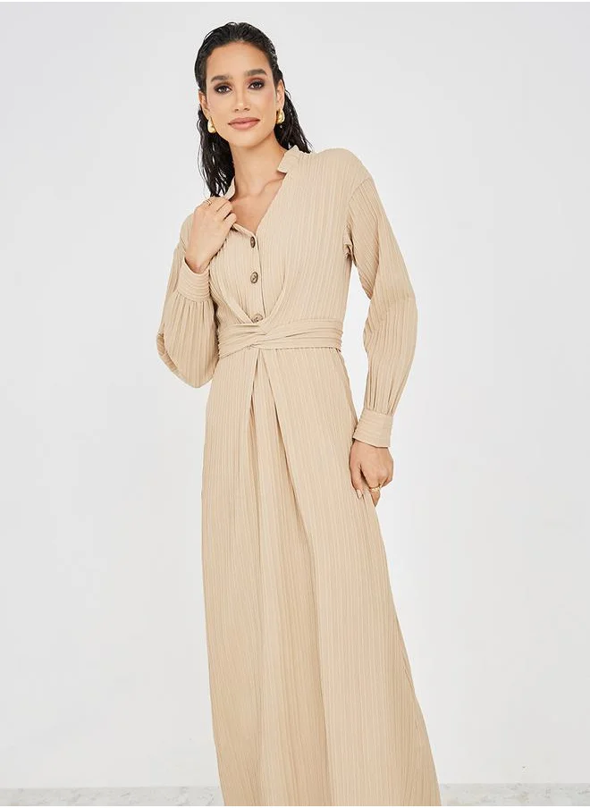 Styli Textured Wrap Tie Belt A-Line Maxi Dress