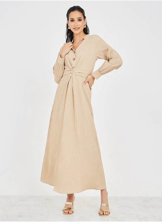 Styli Textured Wrap Tie Belt A-Line Maxi Dress