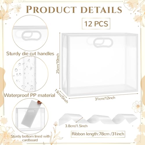 Aliceset 12 Pcs Clear Plastic Gift Bags with Die Cut Handles Reusable Gift Wrapping Bag with Ribbon for Wedding Valentine Bridal Shower Baby Shower 12 x 10 x 5White - Image 5
