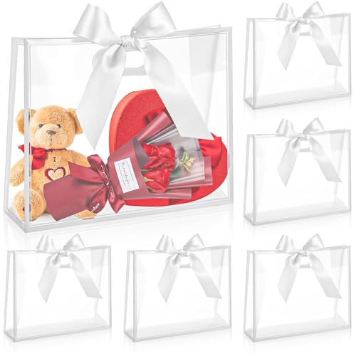 Aliceset 12 Pcs Clear Plastic Gift Bags with Die Cut Handles Reusable Gift Wrapping Bag with Ribbon for Wedding Valentine Bridal Shower Baby Shower 12 x 10 x 5White - Image 2