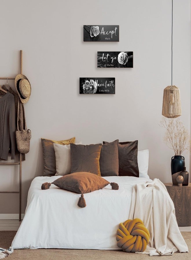ZINYAZHE 3 Pcs Black White Rose Wall Decor Inspirational Wooden Flower Wall Art White Roses Bathroom Decor with Accept Let Go Have Faith Positive Quotes for Women Bathroom Living Room Bedroom(White Rose 12x4") - Image 5