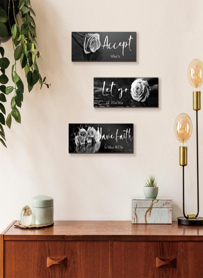 ZINYAZHE 3 Pcs Black White Rose Wall Decor Inspirational Wooden Flower Wall Art White Roses Bathroom Decor with Accept Let Go Have Faith Positive Quotes for Women Bathroom Living Room Bedroom(White Rose 12x4") - Image 2