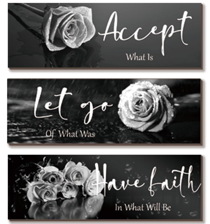ZINYAZHE 3 Pcs Black White Rose Wall Decor Inspirational Wooden Flower Wall Art White Roses Bathroom Decor with Accept Let Go Have Faith Positive Quotes for Women Bathroom Living Room Bedroom(White Rose 12x4") - Image 1