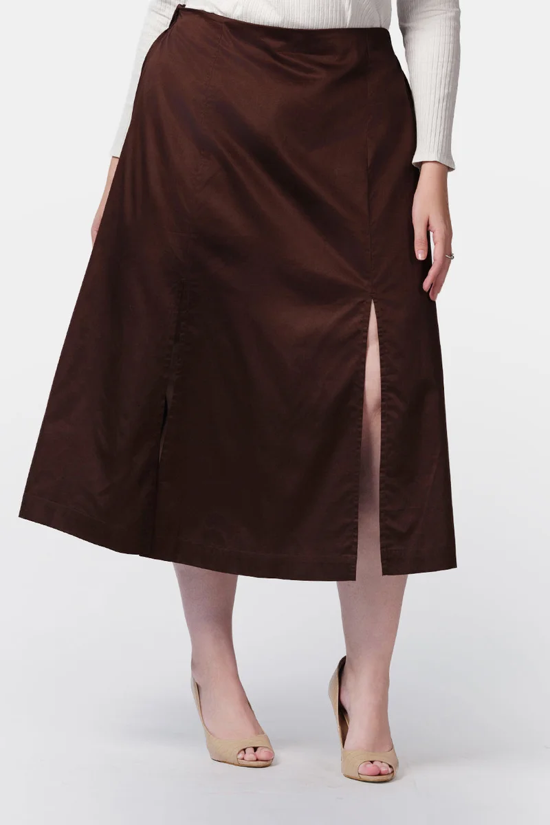 فيرجيو Solid Cotton Satin Midi Plus Size Skirt With Front Slits for Women