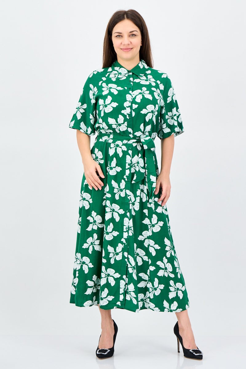 ANNE KLEIN فستان ميدي مزخرف بالورود للنساء، أخضر - Image 1