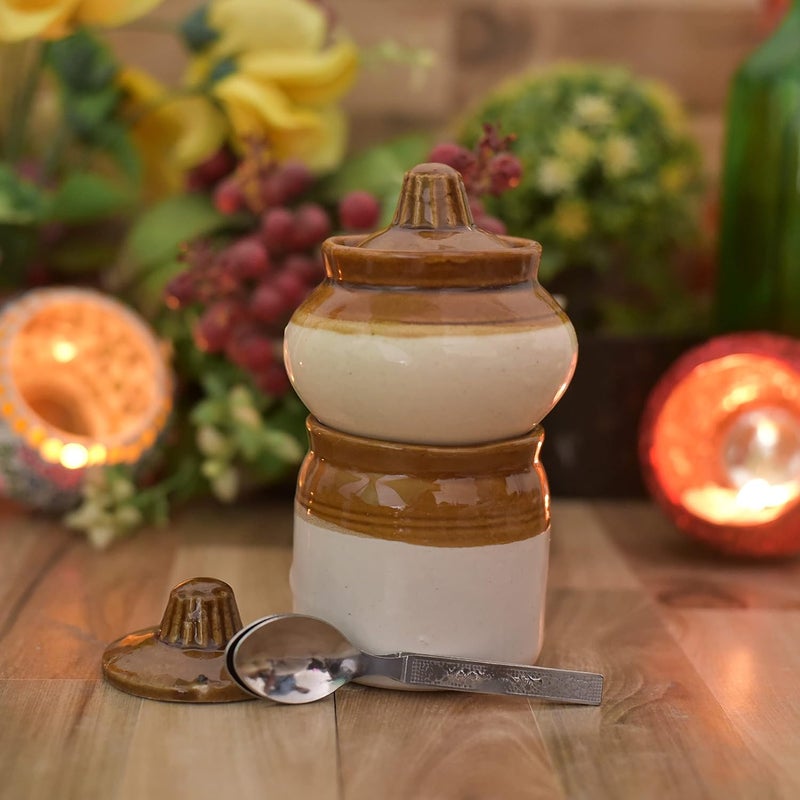 Jetwals Ceramic Pickle Jar Set with Lid ROUND JAR AND LOTA WITH STEEL SPOON JAR 200ML WITH 200ML LOTA PACK OF 2 - Image 2