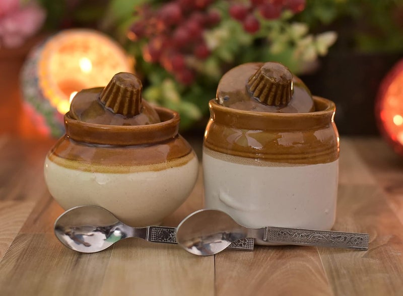 Jetwals Ceramic Pickle Jar Set with Lid ROUND JAR AND LOTA WITH STEEL SPOON JAR 200ML WITH 200ML LOTA PACK OF 2 - Image 1