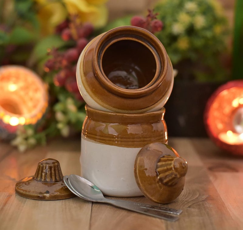 Jetwals Ceramic Pickle Jar Set with Lid ROUND JAR AND LOTA WITH STEEL SPOON JAR 200ML WITH 200ML LOTA PACK OF 2 - Image 3
