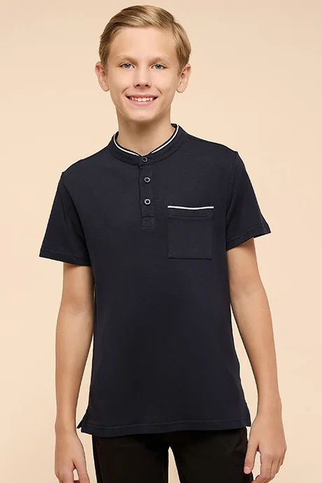 R&B Contrast Tipping T-Shirt with Mandarin Collar and Short Sleeves