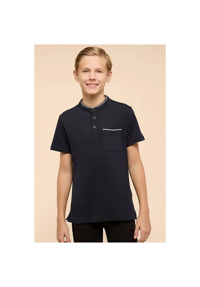 أر أند بي Contrast Tipping T-Shirt with Mandarin Collar and Short Sleeves