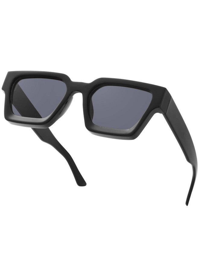 Teumire Thick Square Frame Sunglasses For Women Men Retro Chunky Rectangle Sun Glasses Fashion Black Shades(Black Frame Grey Lens) - Image 1