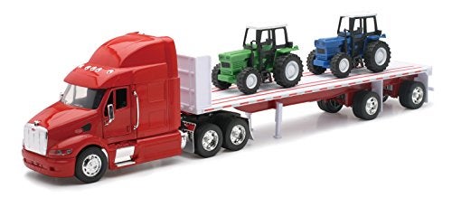 NewRay Peterbilt Truck with Flatbed Trailer and 2 Farm Tractors Diecast and Plastic Model  132 scale - Image 1
