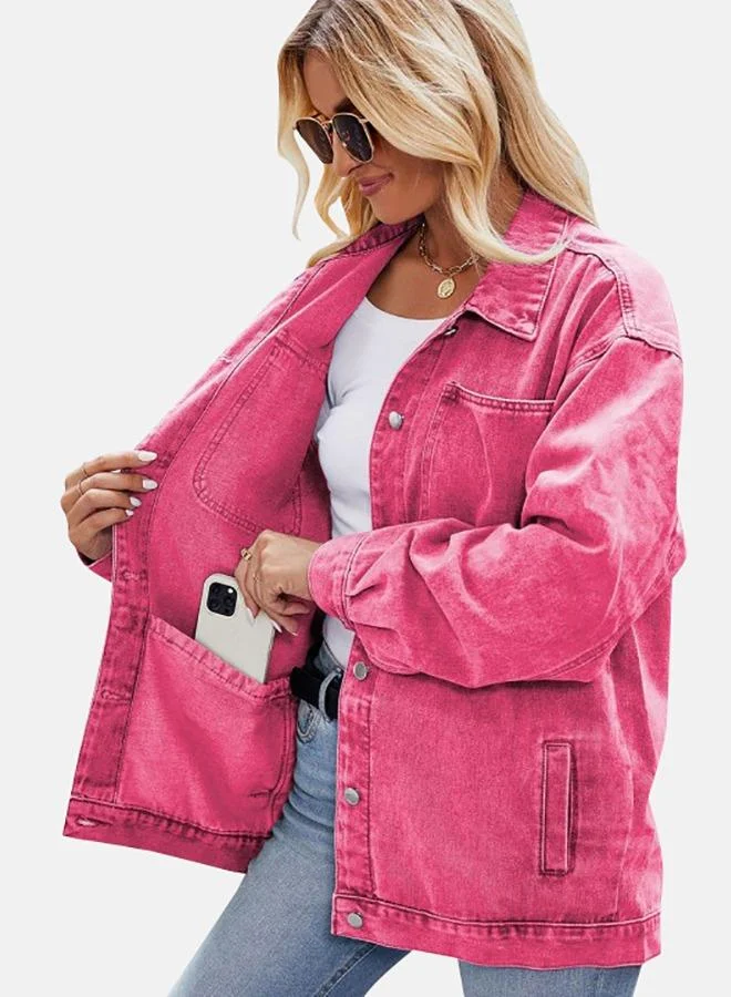 YUNIQEE Pink Collared Long Sleeve Denim Jacket