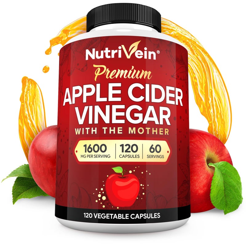 Nutrivein Premium Apple Cider Vinegar Supplements with Mother 1600 mg 120 Apple Cider Vinegar Capsules ACV Pills for Digestion Keto Cleansing and Balanced Nutrition