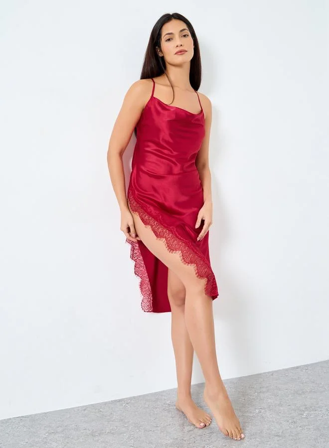 Take Two Take Two Solid Cowl Neck Lace Trim Cami Slip Dress