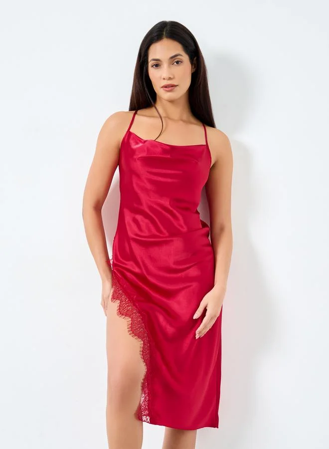 Take Two Take Two Solid Cowl Neck Lace Trim Cami Slip Dress