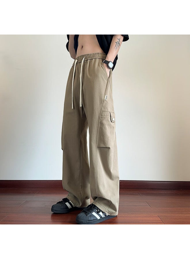 Izexx Men's American Style Casual Pants Spring Loose Straight Leg Versatile Curved Pocket Pure Cotton Work Trousers Sk02 Light Brown L - Image 1