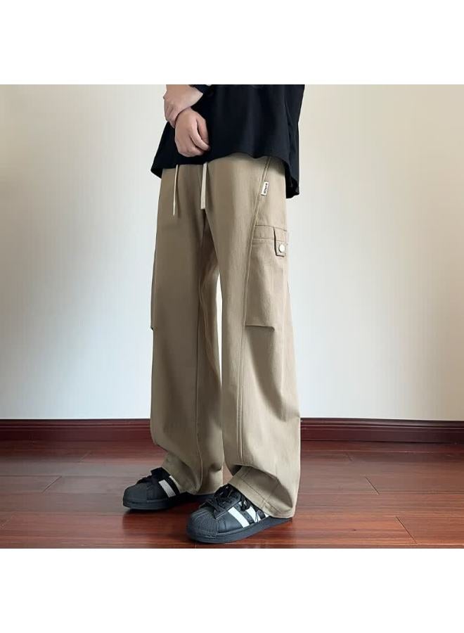 Izexx Men's American Style Casual Pants Spring Loose Straight Leg Versatile Curved Pocket Pure Cotton Work Trousers Sk02 Light Brown L - Image 3